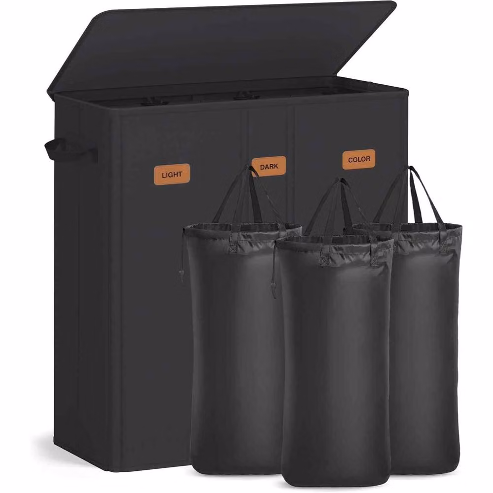 The Bazaarist 3 Compartment Laundry Hamper with Lid and Removable Bags, Jet Black – 2
