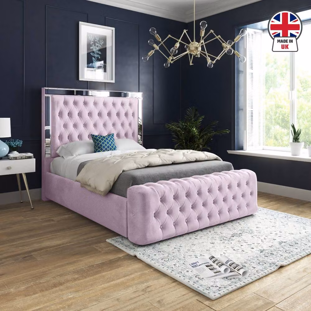 KDMD Wimborne Single Mirror Upholstered Bed Frame in Pink Soft Velvet with Silver Details, W/D/H: 90 x 200 x 137 cm – 3