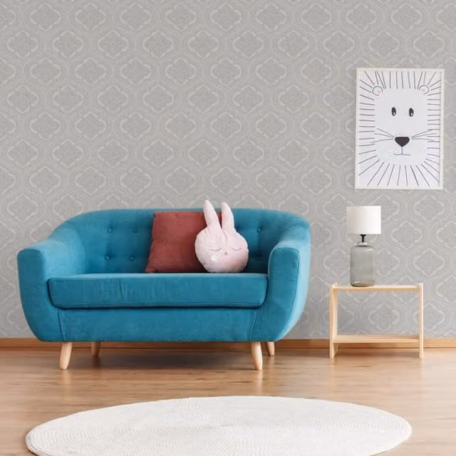 SK Filson Washable Abstract Floral Damask Wallpaper in Grey and Blue