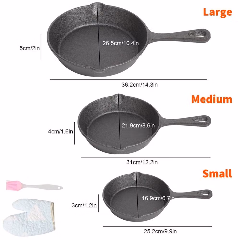 VonShef Set of 3 Black Cast Iron Non Stick Griddle Pans with Pouring Spouts – 3