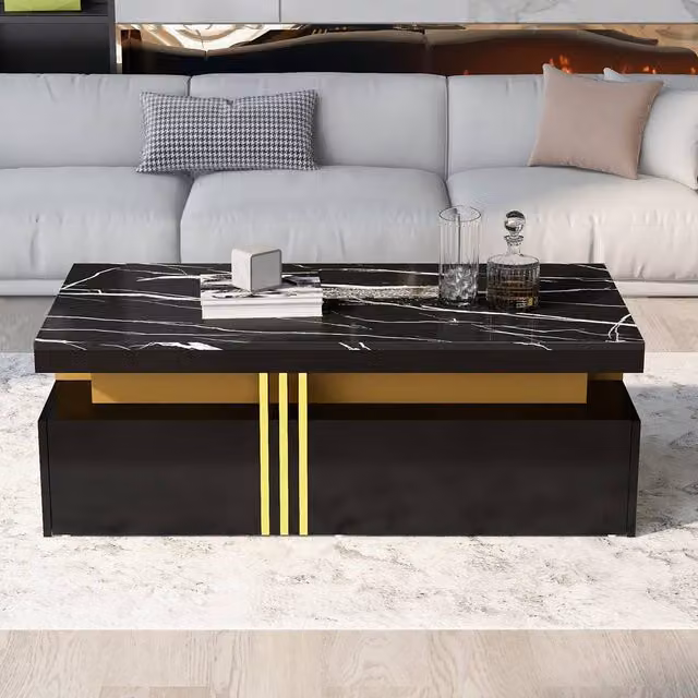 Rolipo Modern Black Marble Pattern Coffee Table with 2 Storage Drawers