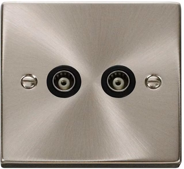 SE Home Twin Isolated Coaxial Flush Socket in Metallic Silver with Satin Brushed Chrome Plate