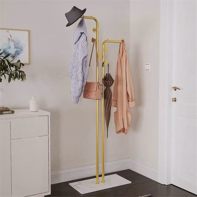 FORGEVIO Gold Double Pole Garment Rack Coat Stand with White Marble Base – 1