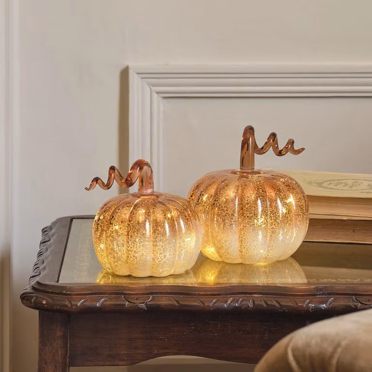 Lights4fun Set of 2 Ombre Mercury Glass LED Pumpkin Tabletop Decorations in Gold and Multicolour