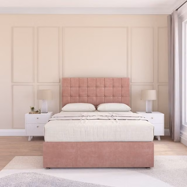 Sloomy Alabama Plush Bed Set with Mattress and 26 inch Headboard in Pink, Small Double, W/D/H: 120 x 200 cm