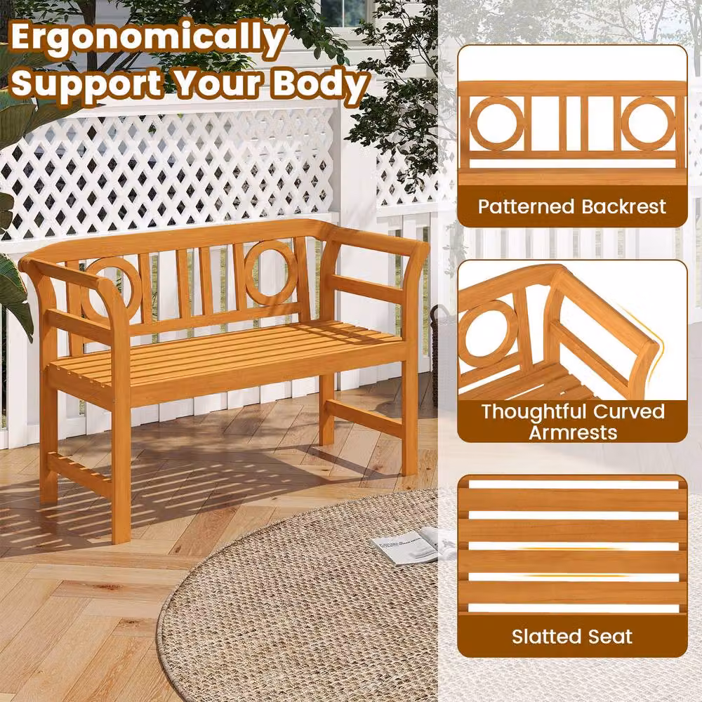 Costway Acacia Wood 2-Person Outdoor Bench Patio Loveseat with Backrest and Armrests in Natural Brown – 6