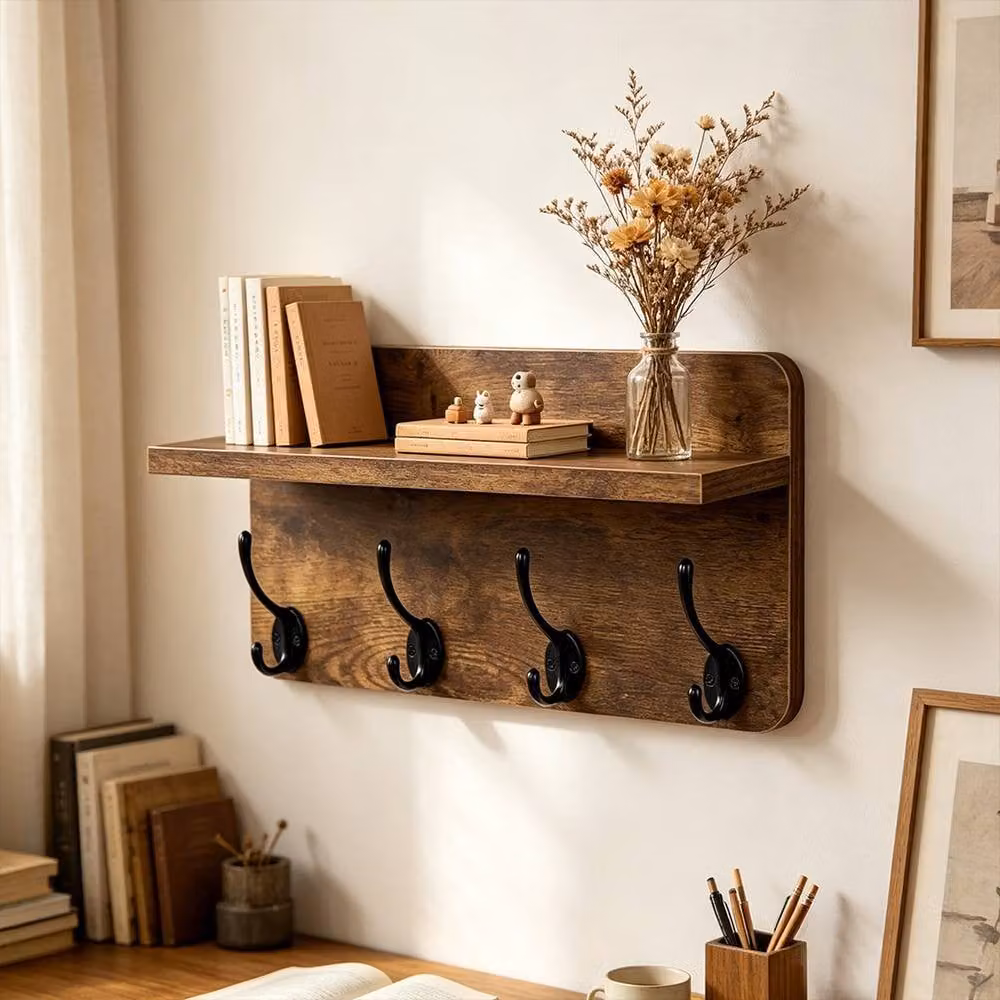 FORGEVIO 2 Pack Wooden Wall Coat Rack with 8 Hooks in Brown – 3