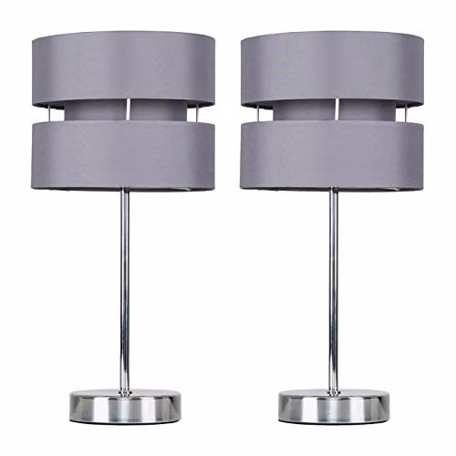 ValueLights Pinto Pair of Modern Silver Chrome Table Lamps with Grey Fabric Shades