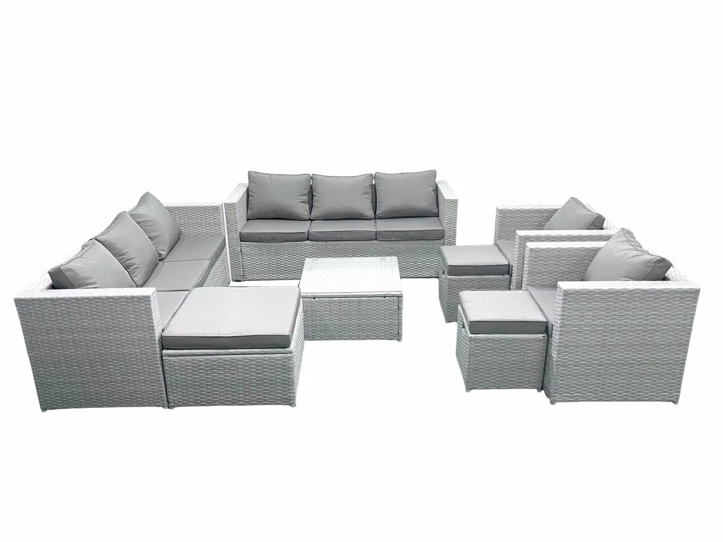Fimous Outdoor Rattan Garden Furniture Set in Light Grey with 2 Armchairs, Square Coffee Table and 3 Footstools – 2
