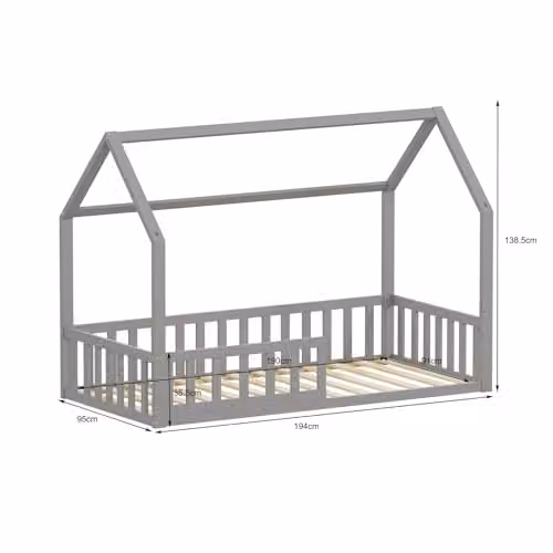 WestWood Solid Wood House-Shaped Montessori Toddler Bed Frame with Half-Length Guard Rail, Single, White or Grey, 90 x 190 cm – 2