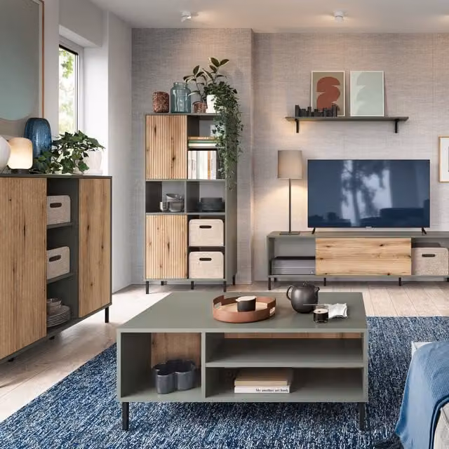 Furniture To Go Darwin Modern 2 Door Bookcase with Sliding Doors and Internal Shelves in Grey-green