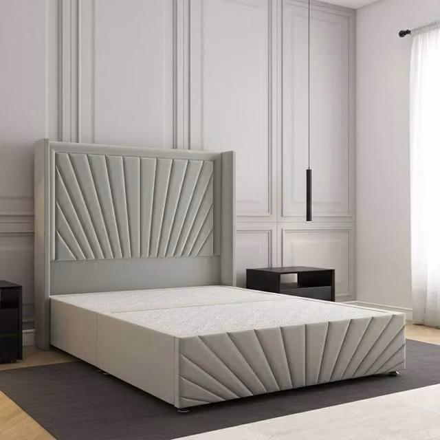 Regional Furnishings Silver Velvet Upholstered Small Double Divan Bed with Headboard and Footboard, W/D/H: 120 x 200 cm