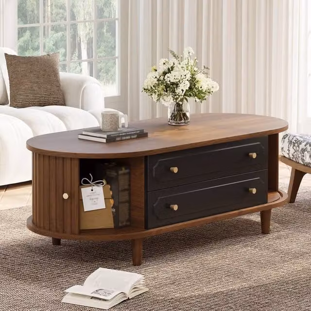 Merax Walnut and Black Oval Coffee Table with Two Drawers and Roll Up Doors – 1