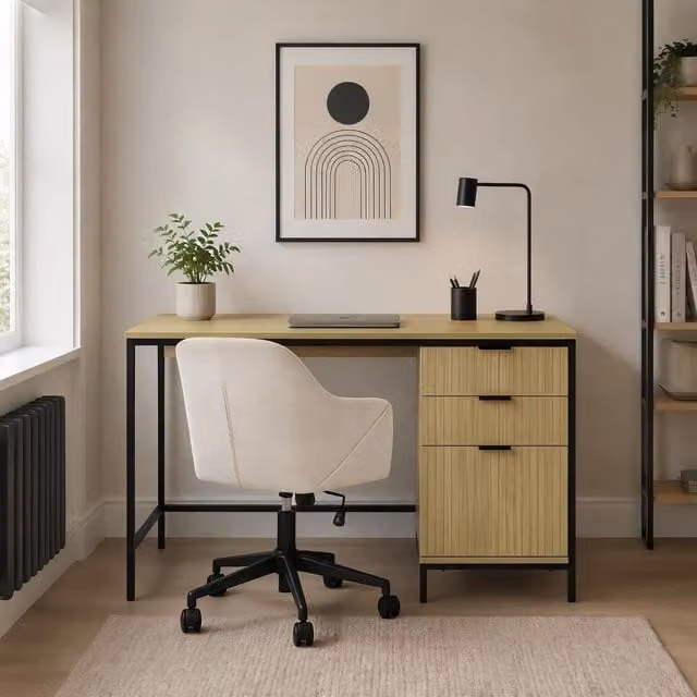 Home Source Wisbech Modern Writing Desk with 3 Drawers in Brown and Black Oak Effect and Metal