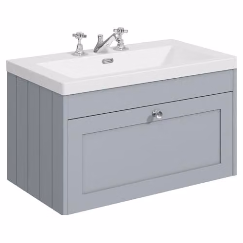 Balterley Wall Hung Grey Vanity Unit with Single Soft Close Drawer and Rectangular 3 Tap Hole Basin, W/D/H: 80 x 45.3 x 43.1 cm