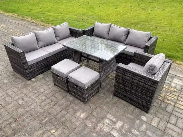 Fimous 9 Seater Wicker PE Rattan Garden Dining Set with Patio Table and Armchairs in Dark Grey