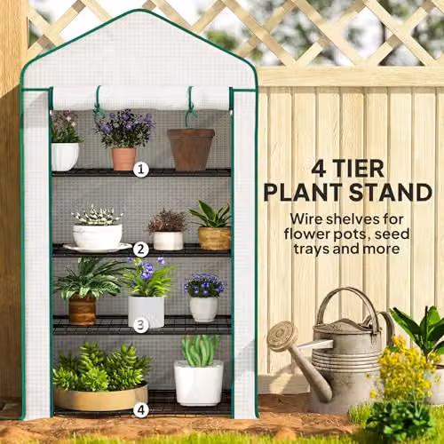 Outsunny Portable Mini Greenhouse with 4 Shelves, White, W/D/H: 90 x 49 x 160 cm – 4