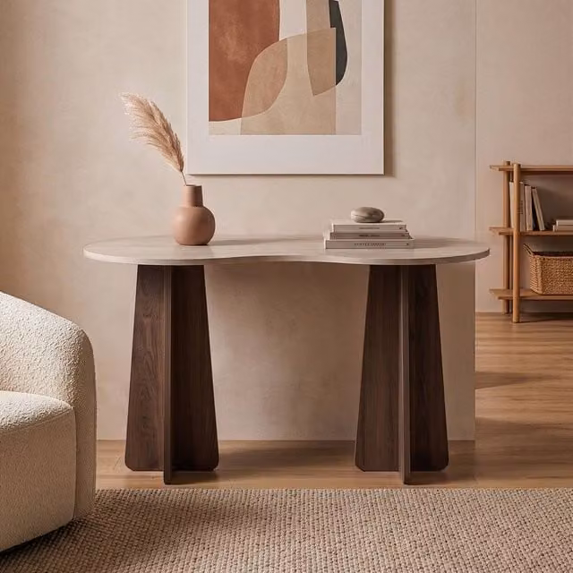 CALICOSY COMO Modern Writing Desk with Oval Shaped Top in Walnut Brown, W: 120 cm, H: 75 cm, D: 40 cm