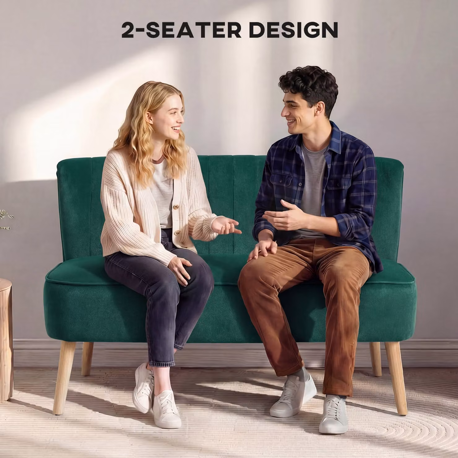 HOMCOM Dark Green Velvet Upholstered 2 Seater Loveseat Sofa with Rubberwood Legs – 4