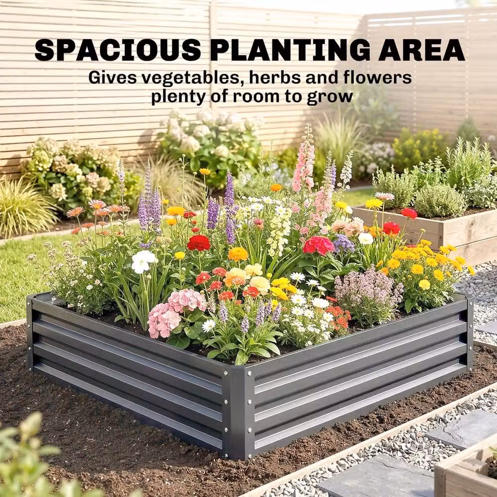 EONLION Grey Metal Raised Garden Bed for Vegetable and Ornamental Gardens W/D/H: 120 x 120 x 30 cm – 3