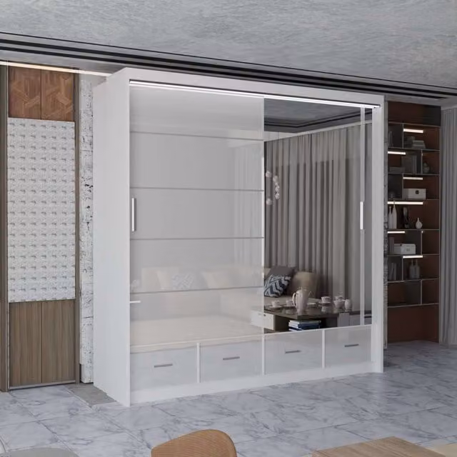 MN Furniture High Gloss White Sliding Mirrored Wardrobe with Integrated LED Lighting, W/H: 203 x 220 cm