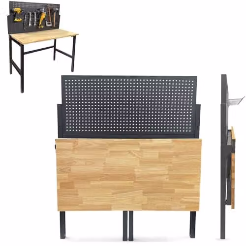 Phoenix TWD4723 47 inch Foldable Workbench with Pegboard, Black Heavy-Duty Steel Frame and Rubberwood Top, Wall-Mounted, 300kg Capacity
