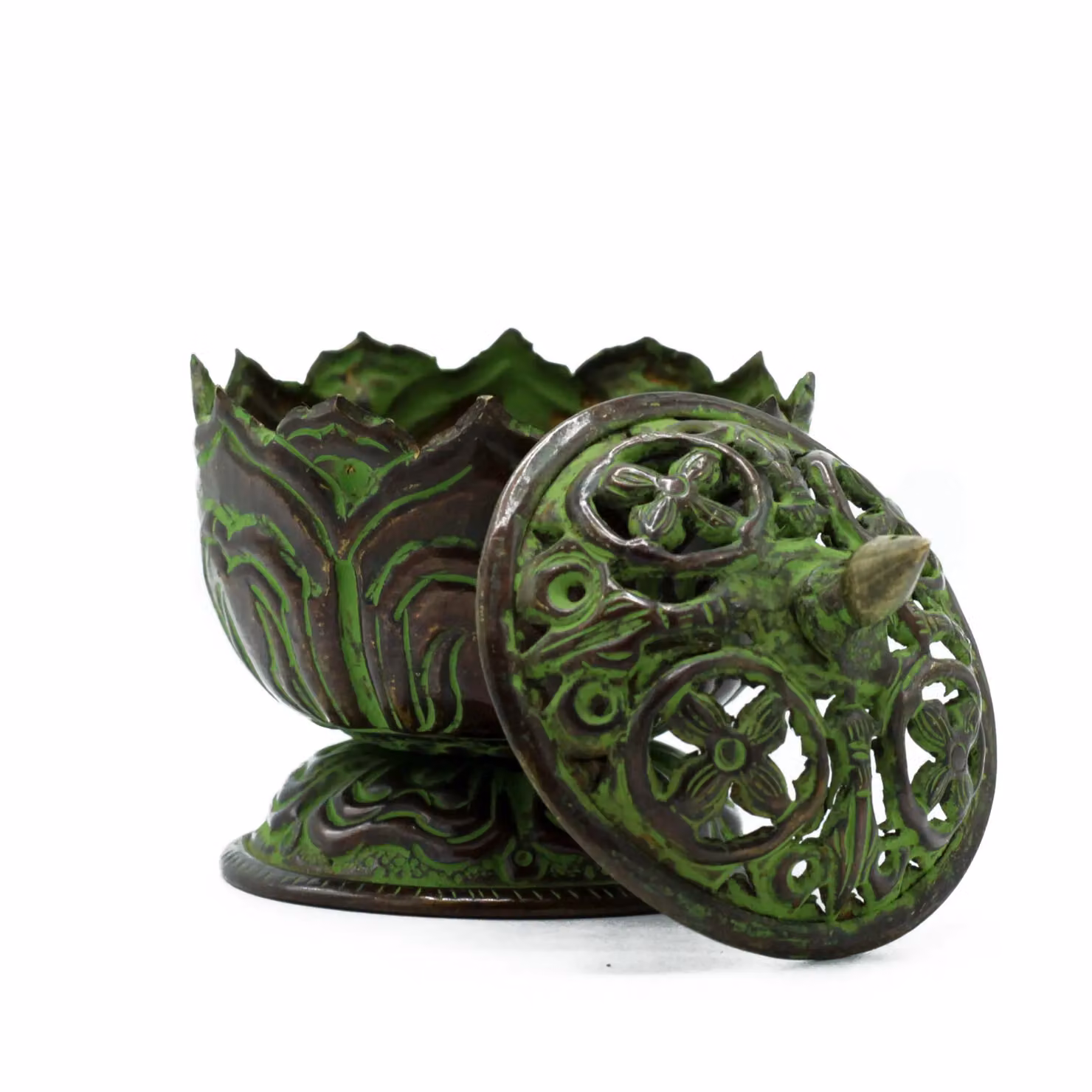 KDMD Brass Verdigris Tibetan Incense Burner, Small Green Metal Lotus Floral Design – 2