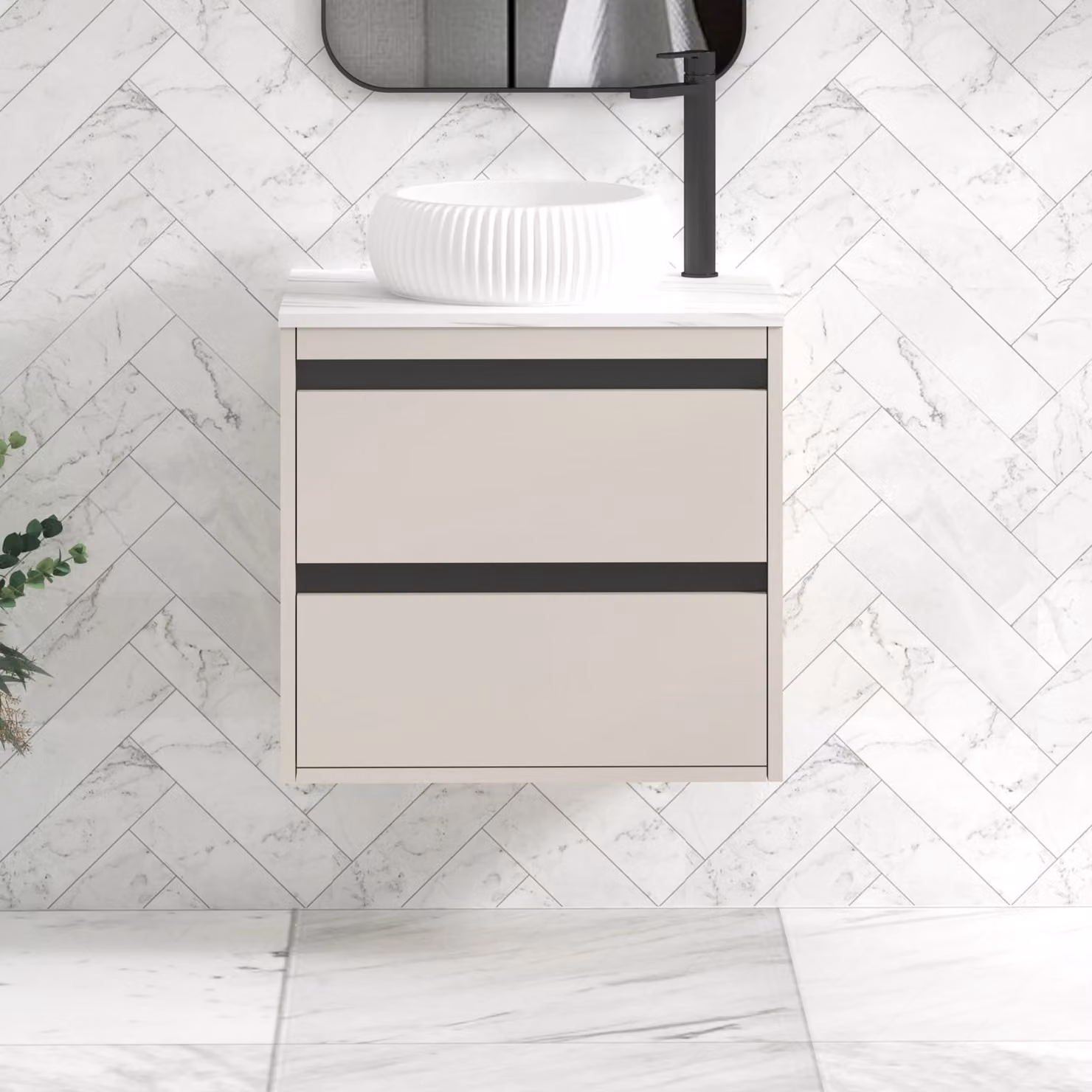 Royal Bathrooms Orion 600mm Warm Taupe Wall Hung Vanity Unit with Milan Basin and Black Accent Trim