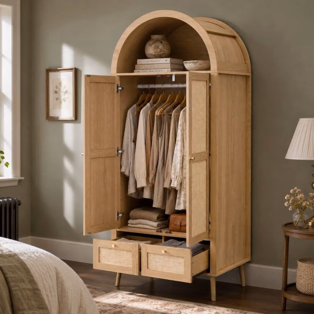 Matteo Modern Rattan-Effect Double Wardrobe with Hinged Doors and Integrated Drawers in Natural Oak – 2