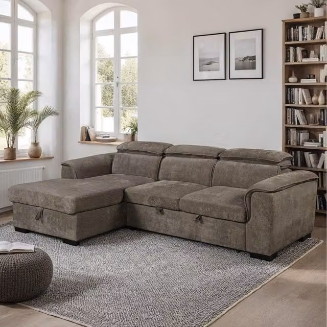 More4Homes Tivoli 3 Seater Fabric Pull Out Sofa Bed with Adjustable Headrest in Brown and Grey