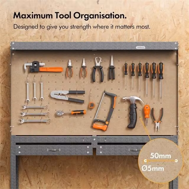 Nordara Heavy-Duty Garage Work Bench with Pegboard, Grey, W: 1000 cm, D: 52 cm, H: 155 cm – 1