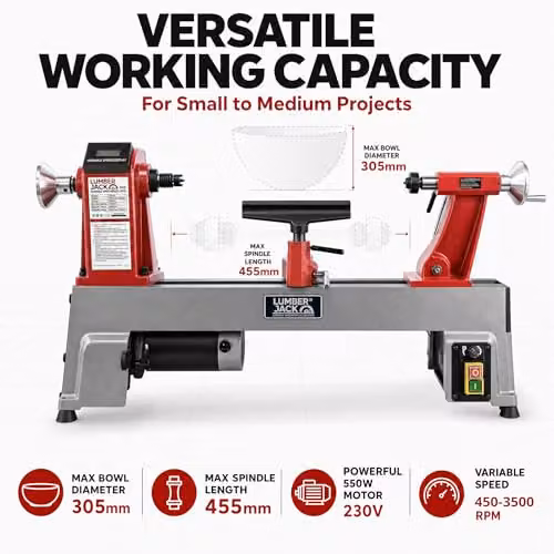 Lumberjack 550W Variable Speed Benchtop Mini Wood Lathe Machine in Red – 3