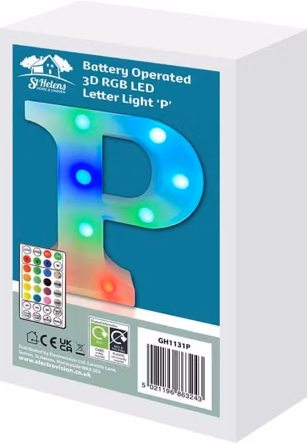 St Helens RGB LED Letter P Battery Operated Tabletop Light with Remote Control, White