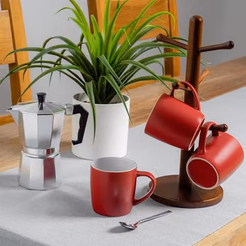 Argon Tableware Matte Red Ceramic Stoneware Coffee Mugs, 350ml, Pack of 4 – 6