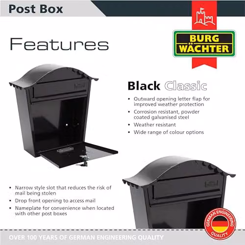 Burg-Wächter MB01BK Black Classic Wall Mounted Galvanised Steel Lockable Weatherproof Post Box W: 36 cm, H: 37 cm, D: 13 cm – 2