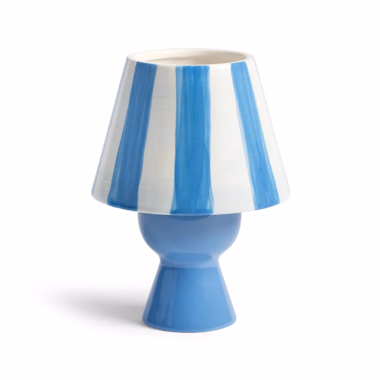 &Klevering Blue Cantine Ceramic Tealight Holder, Petrol Striped, Round Tabletop Design