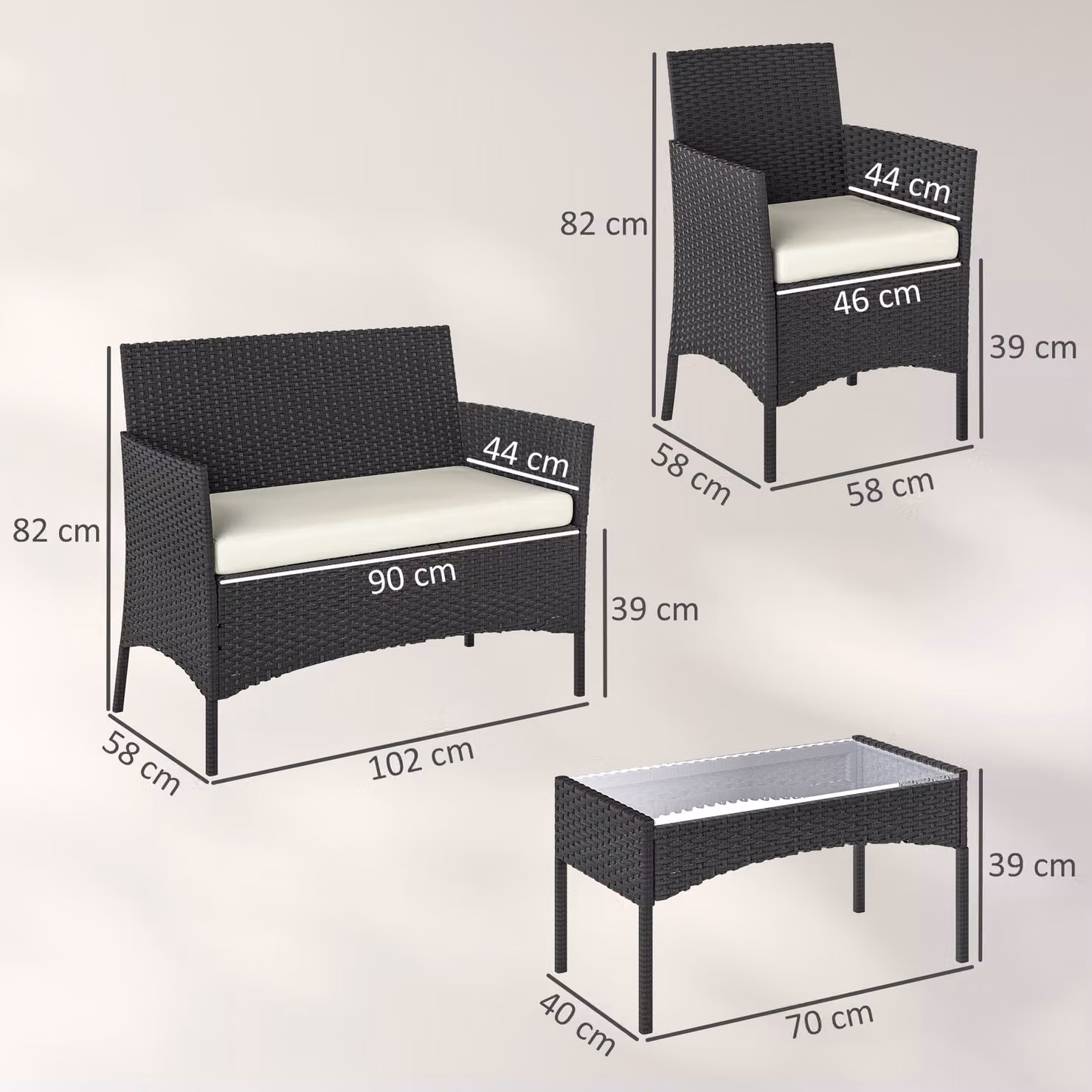 Outsunny 4 Piece Rattan Garden Furniture Set in White with 2 Seater Sofa, Armchairs, Glass Top Coffee Table and Cushions – 3