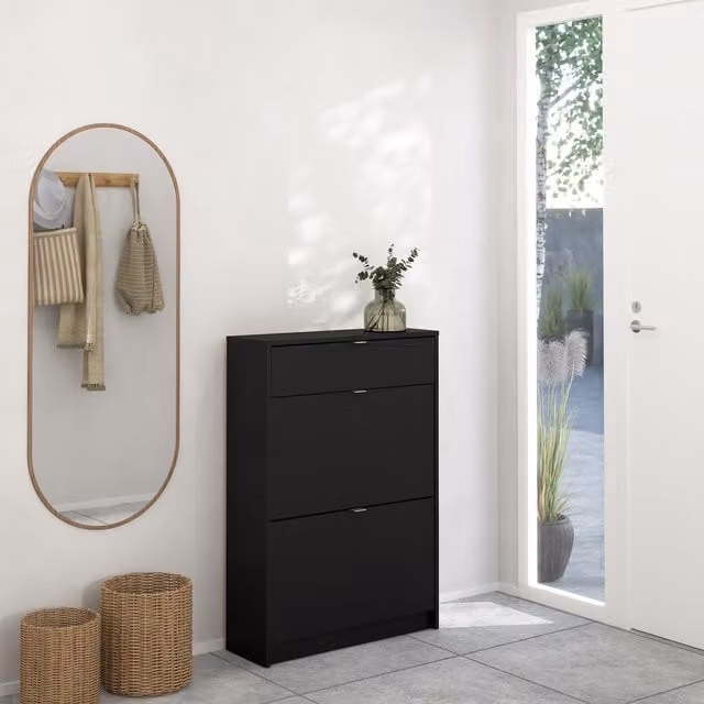 Furniture To Go Modern Black Matt Shoe Cabinet with 2 Tilting Doors and 1 Drawer