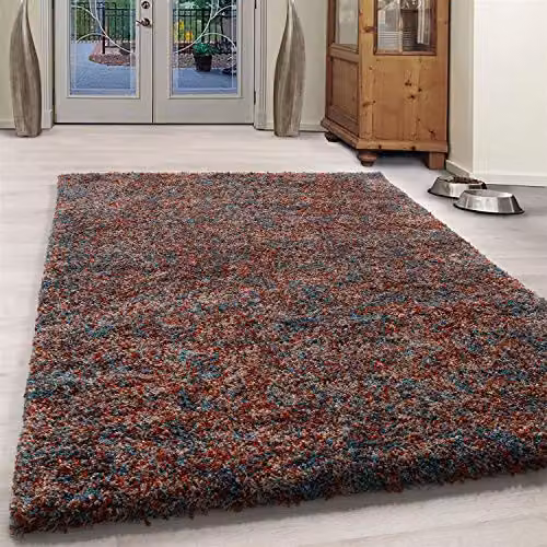 Bravich Modern Abstract Shaggy Rug in Orange and Multicolour, W: 120 cm, D: 170 cm