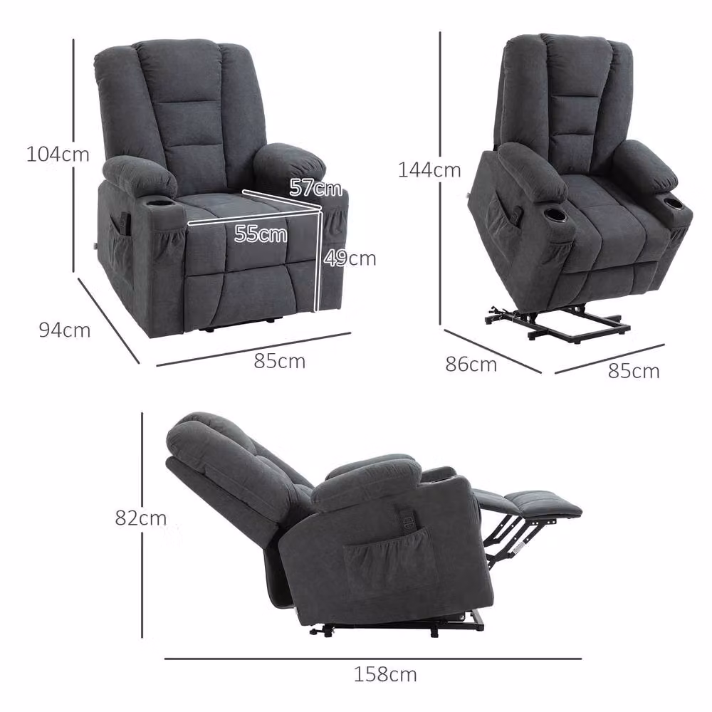 STILVORA Grey Fabric Riser Recliner Armchair with Cup Holders and Powered Lift Assist – 3