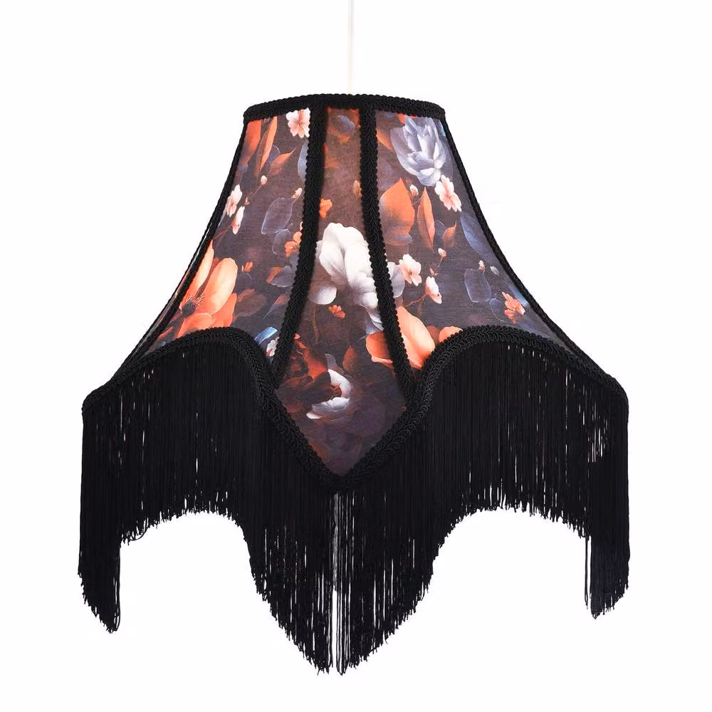 Happy Homewares Large Vintage 1920s Victorian Black Fabric Lamp Shade with Multicolour Flowers, Diameter: 42 cm – 2