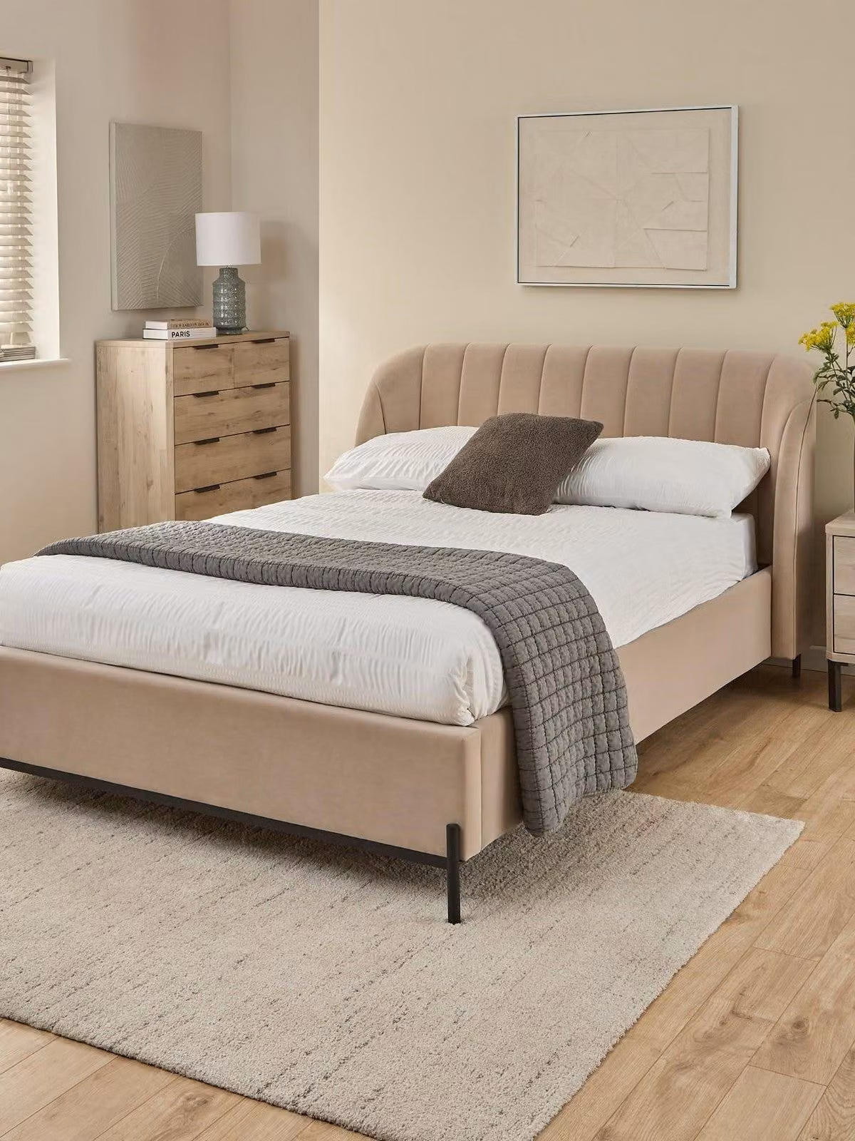 Korson Upholstered Double Bed Frame in Grey with Metal Feet, W/D/H: 140 x 200 x 105 cm