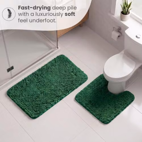 Allure Bath Fashions Two Piece Microfibre Non-Slip Bath and WC Pedestal Mat Set in Dark Green – 6