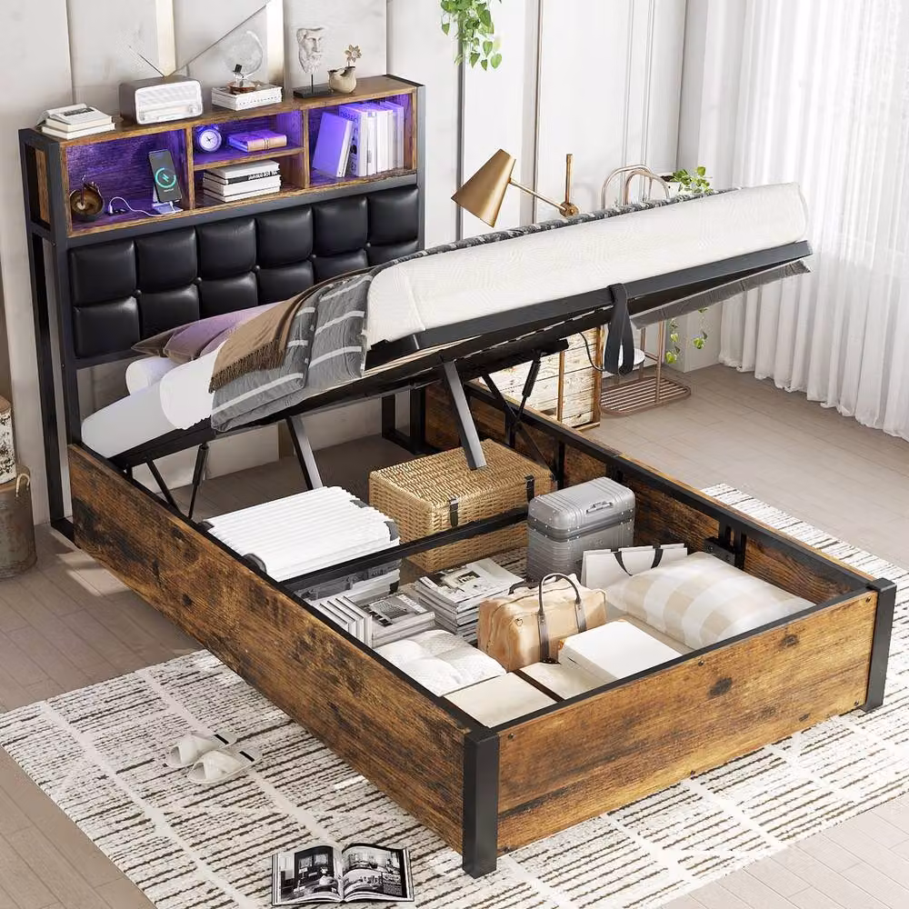 Matteo Hydraulic Storage Bed with USB Charging Ports, LED Under-Bed Lighting and Bedside Shelf, W/D/H: 90 x 190 x 107 cm, Black/Brown/Multicolour – 8