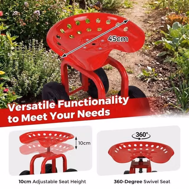 NESTLUNE Red Metal Gardening Stool Swivel Work Seat and Patio Scooter