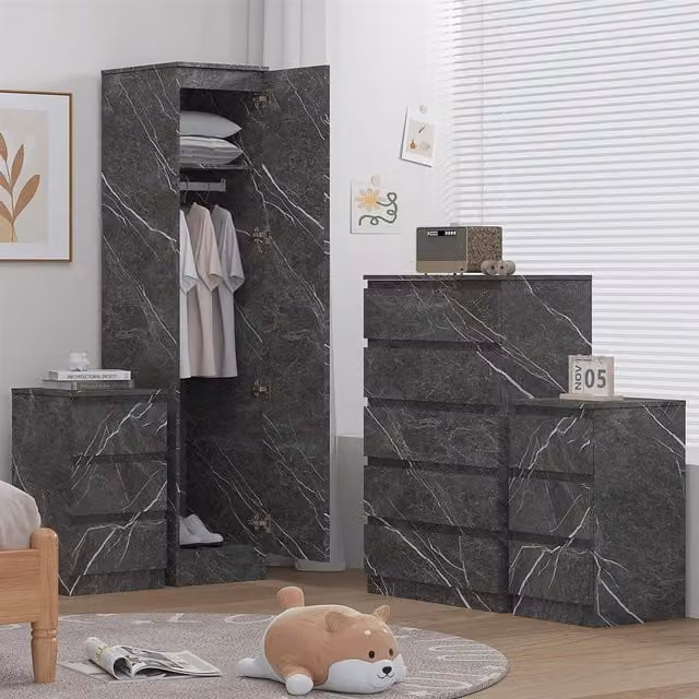 ZITA 4 Piece Bedroom Furniture Set in Grey Marble Effect with 1 Door Wardrobe, Tall Chest and 2x 3 Drawer Bedsides