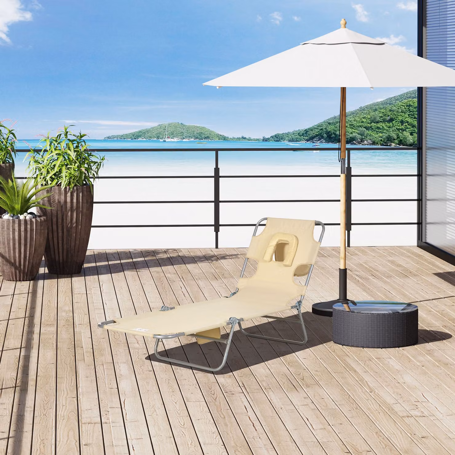 Outsunny Beige Foldable Beach Chaise Lounge with Adjustable Headrest and Armrests – 2
