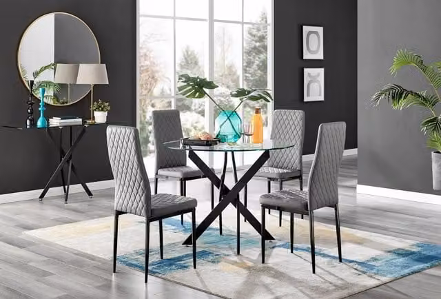 FurnitureboxUK Novara Round Glass Dining Table and 4 Milan Faux Leather Chairs in Grey with Black Legs – 1