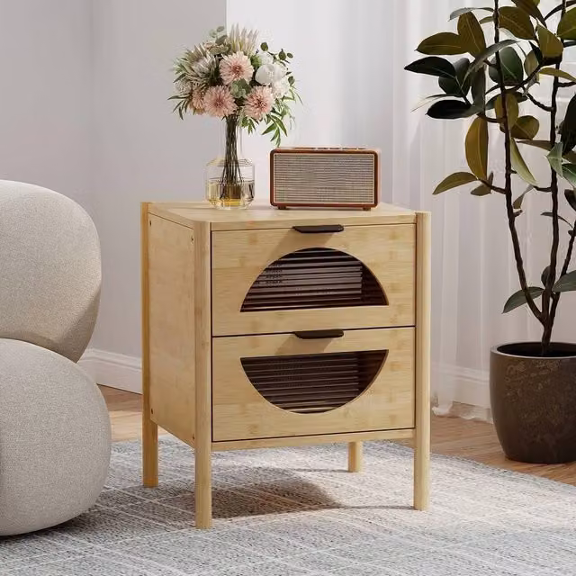Havendro Mid-century Modern Bedside Table with 2 Storage Drawers in Sand and Brown