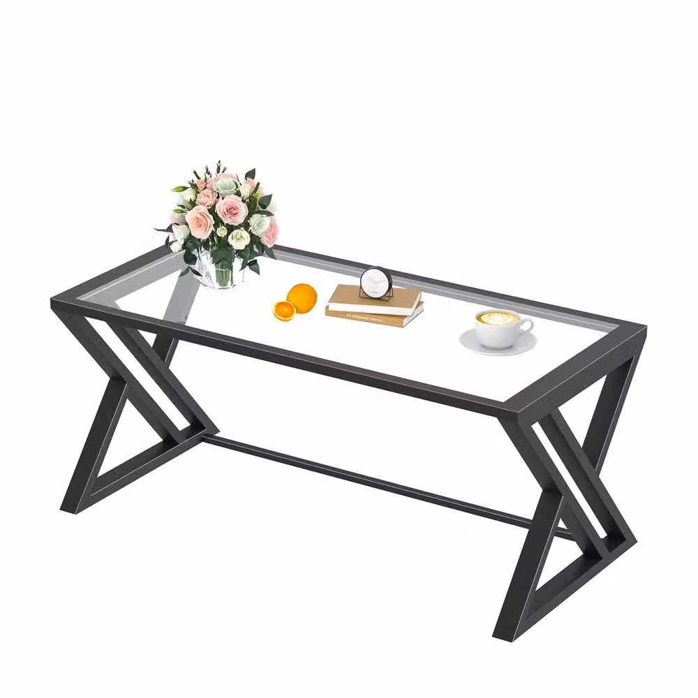 Huhote Modern Geometric Glass Coffee Table with Metal X-Frame in Transparent Clear – 2